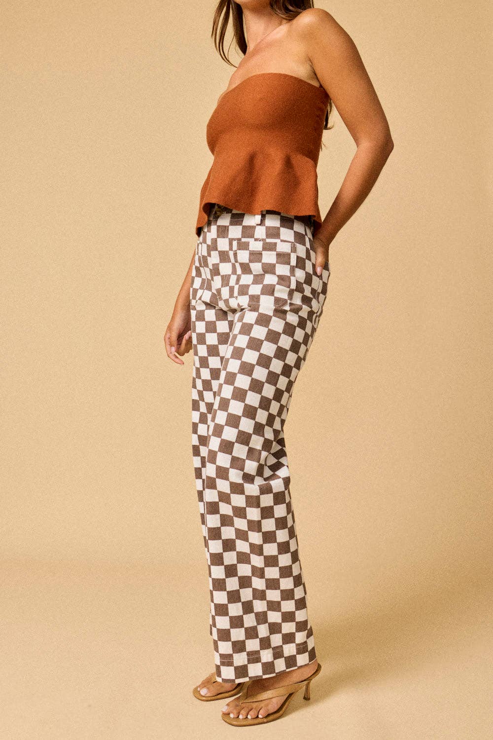 Demi Checkered Bottoms w Elastic Band: Taupe