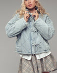 Oversized Quilted Denim Tie-Front Jacket: LT DENIM
