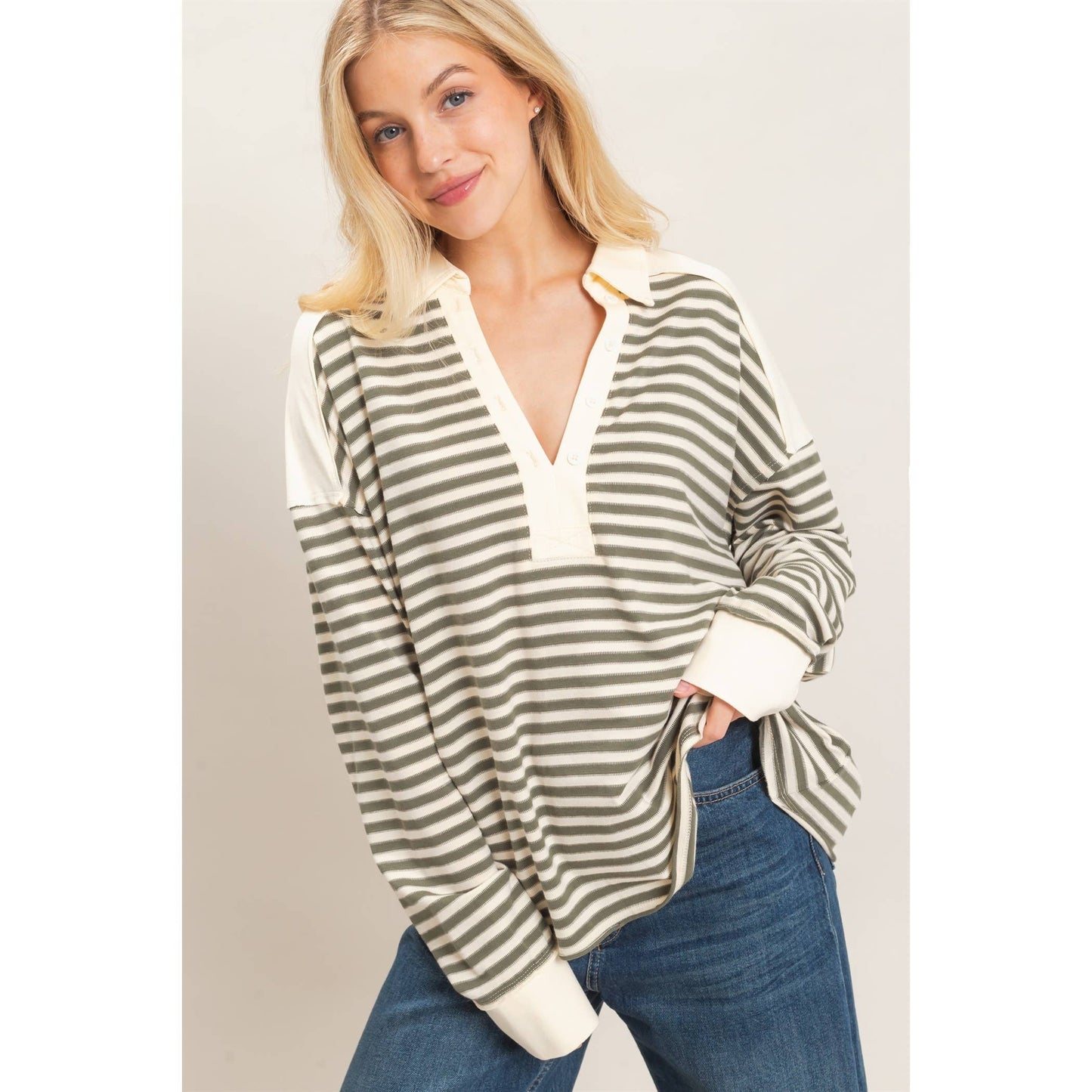 Striped Henley Sweatshirt: OLIVE GRAY