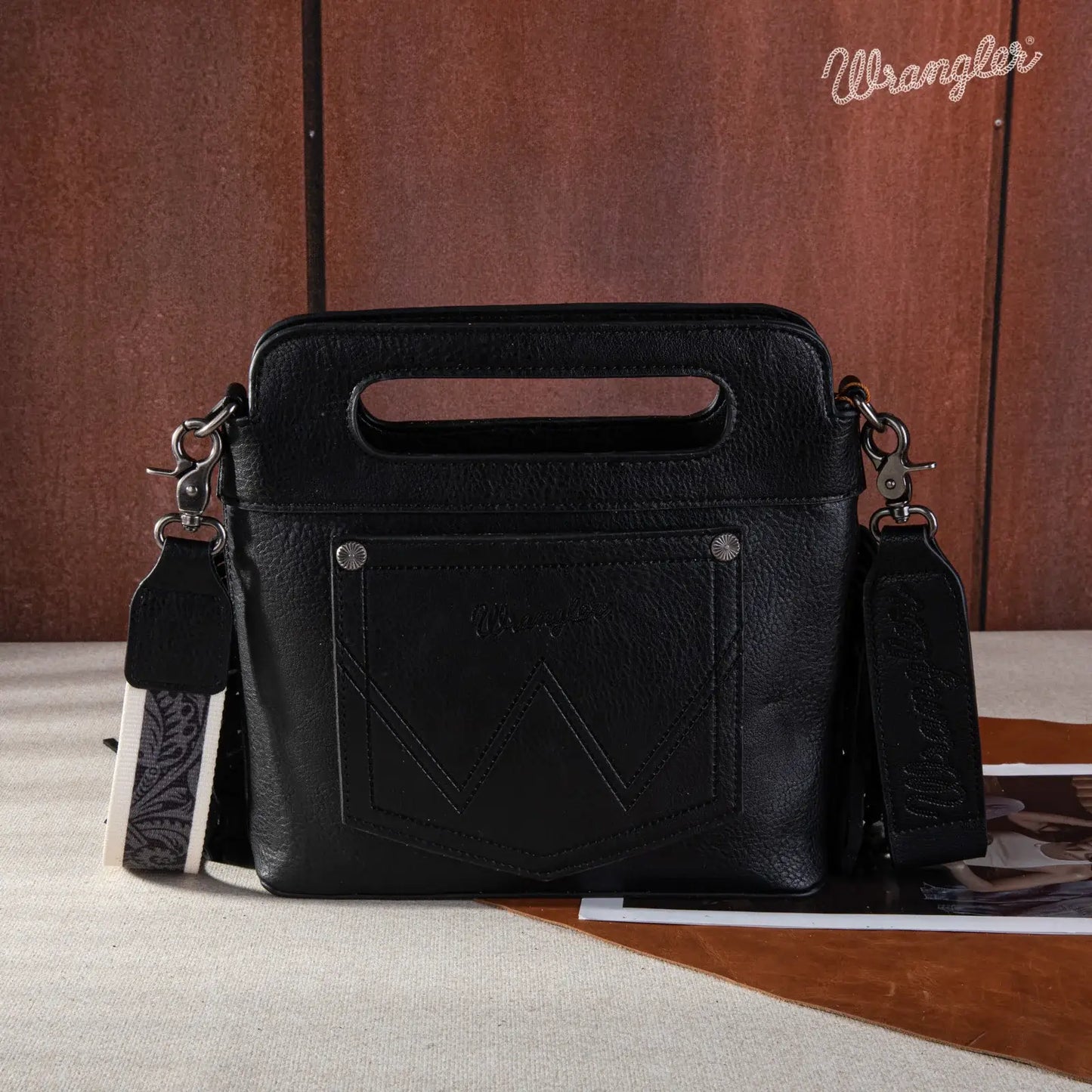 Wrangler Top Handle Embroidered Fringe Mini Tote/Crossbody: Black