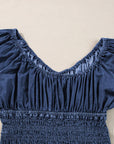 Ruffled Puff Sleeve V Neck Denim Blouse: Dark Blue