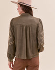 Long Sleeve Embroidered Western Shirt: Olive