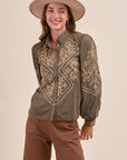 Long Sleeve Embroidered Western Shirt: Olive