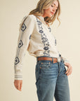 Button Down Long Sleeve Aztec Embroidered Sleeves