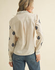 Button Down Long Sleeve Aztec Embroidered Sleeves
