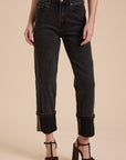 Miou Muse: CUFFED BORROM BLACK DENIM PANTS