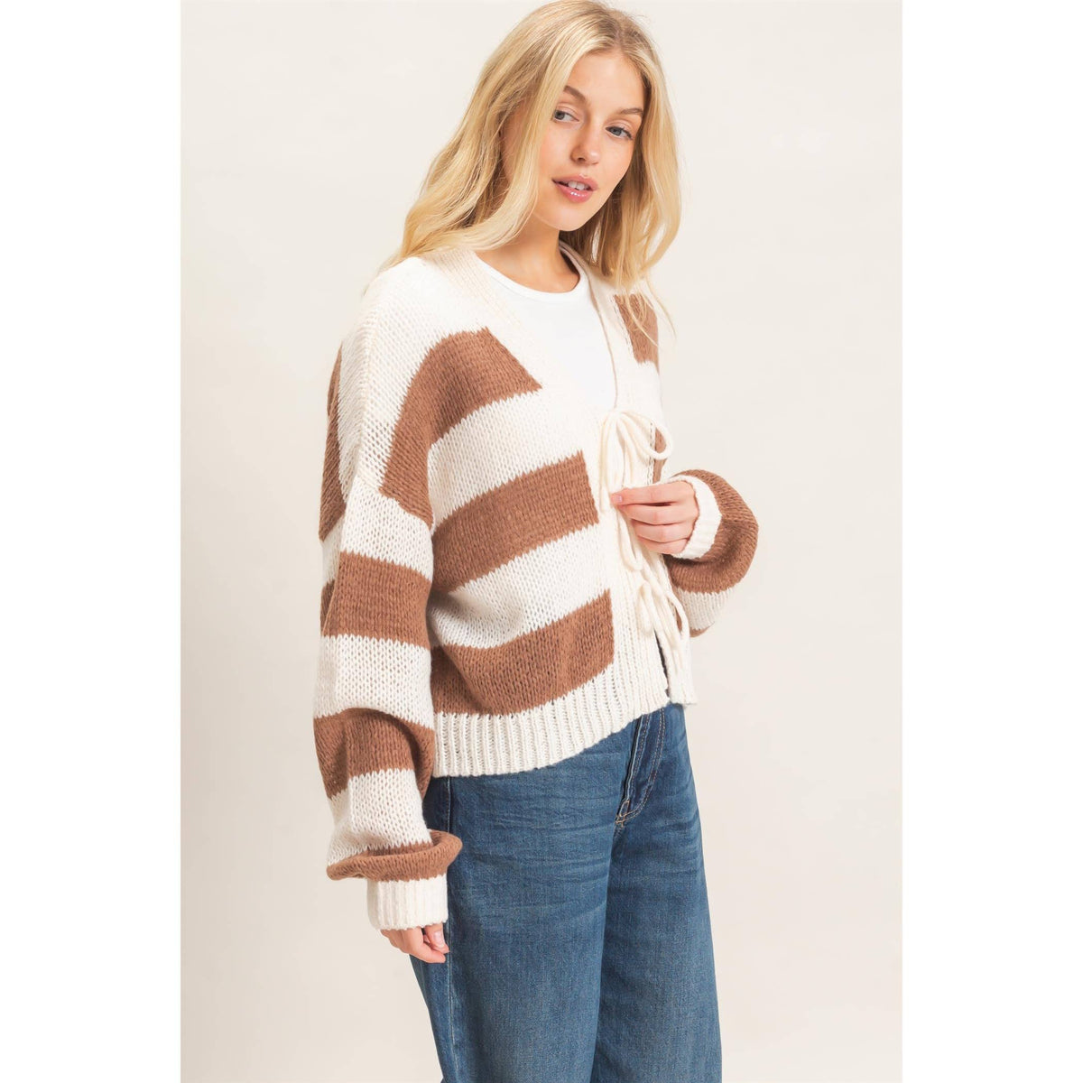 Striped V-Neck Sweater Cardigan: BROWN