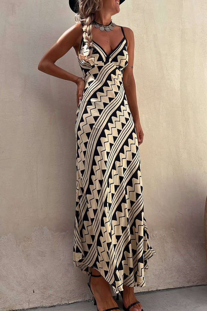 Ethnic Print Slip Midi Dress: Brown