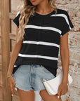 Striped Crewneck Sweater Thick Knit Casual Blouse: White