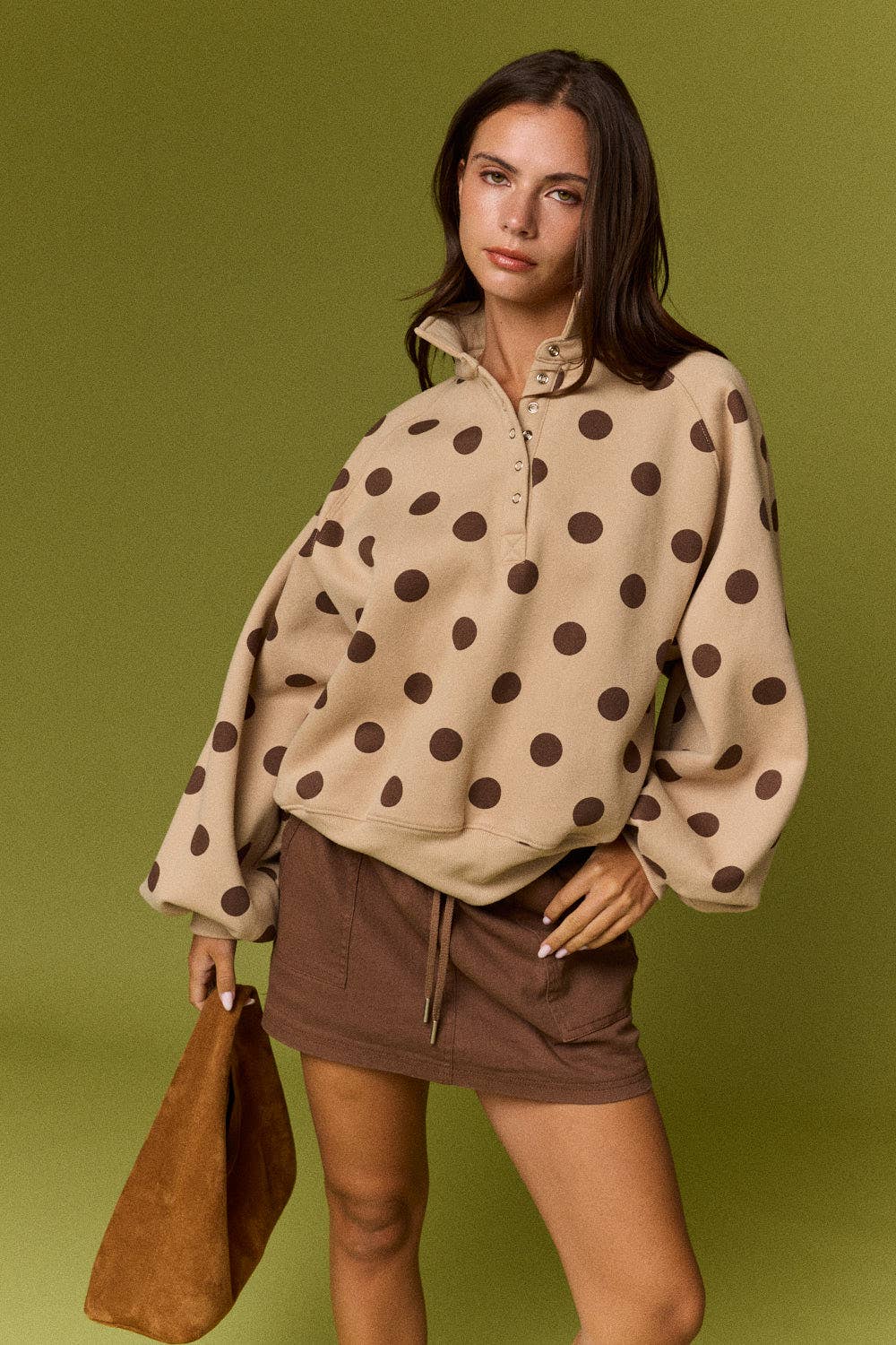 Collar Half-Snap Button  Polka Dot Sweatshirt: WHITE/BROWN DOT