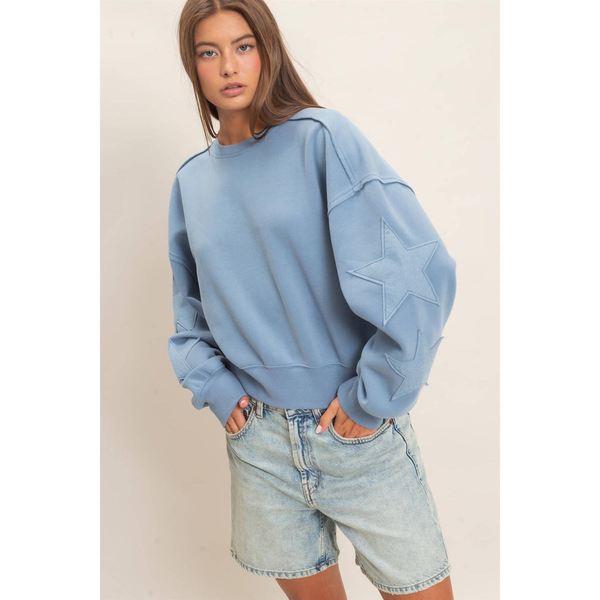 Star Patch Sleeve Sweatshirt: DUSTY BLUE