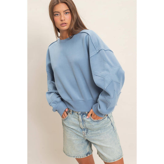 Star Patch Sleeve Sweatshirt: DUSTY BLUE