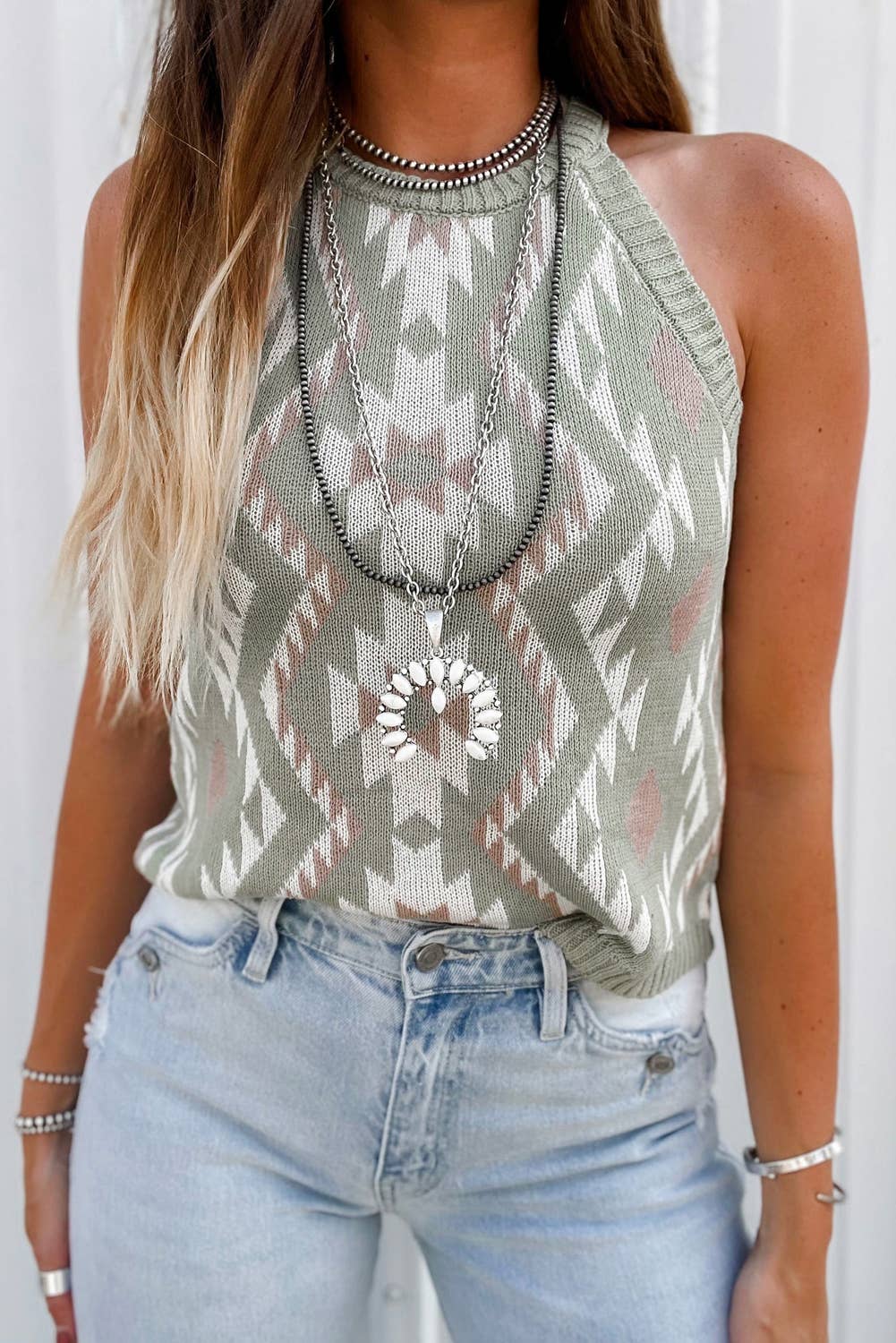 Western Tribal Aztec Pattern Knit Sweater Tank: 3 TONE / L