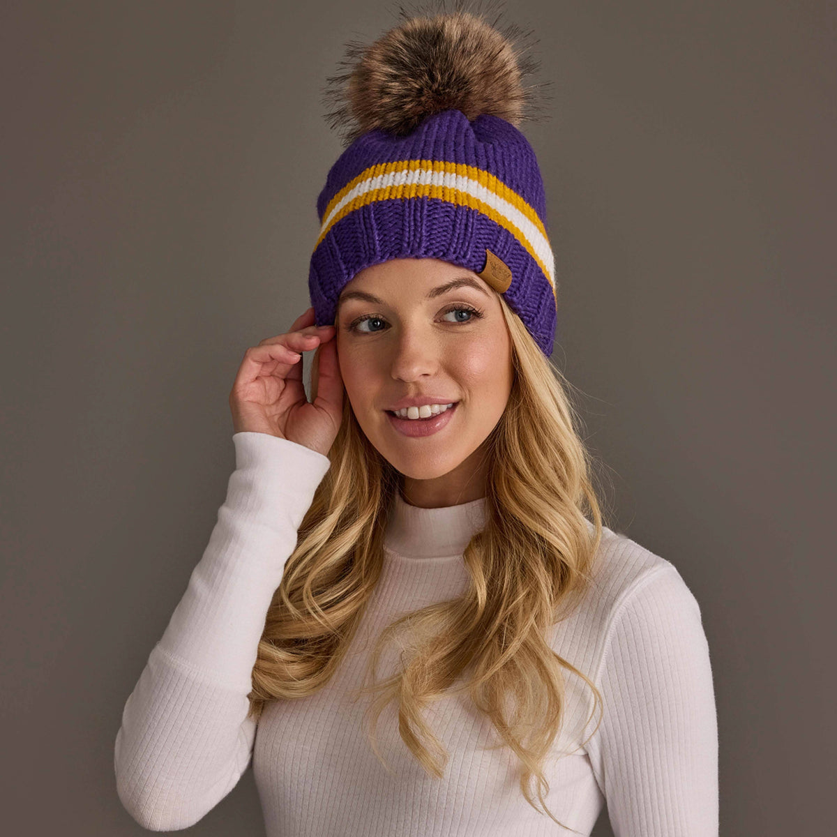 Purple, Gold & White Knit Pom Hat