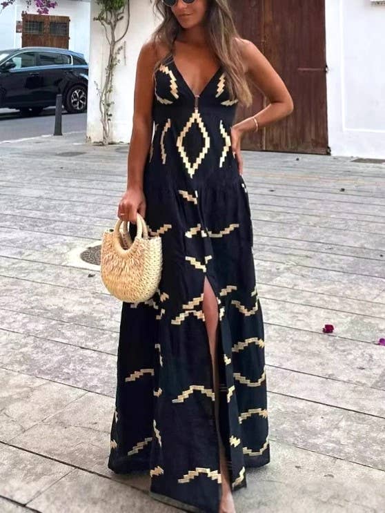 Boho Geometric Pattern Halter Deep V Side Slit Maxi Dress: Black