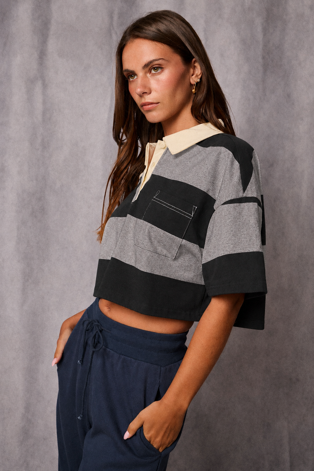 Cropped Rugby Stripe Polo Top  : IVORY/HUNTER