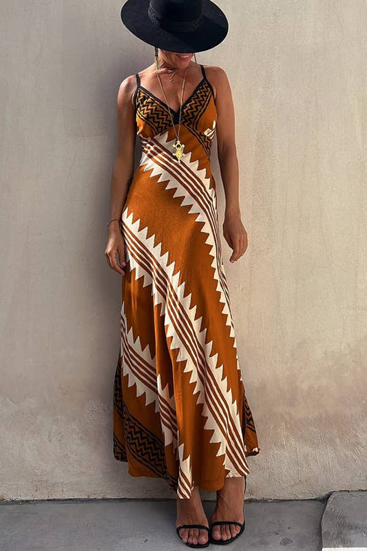 Ethnic Print Slip Midi Dress: Brown