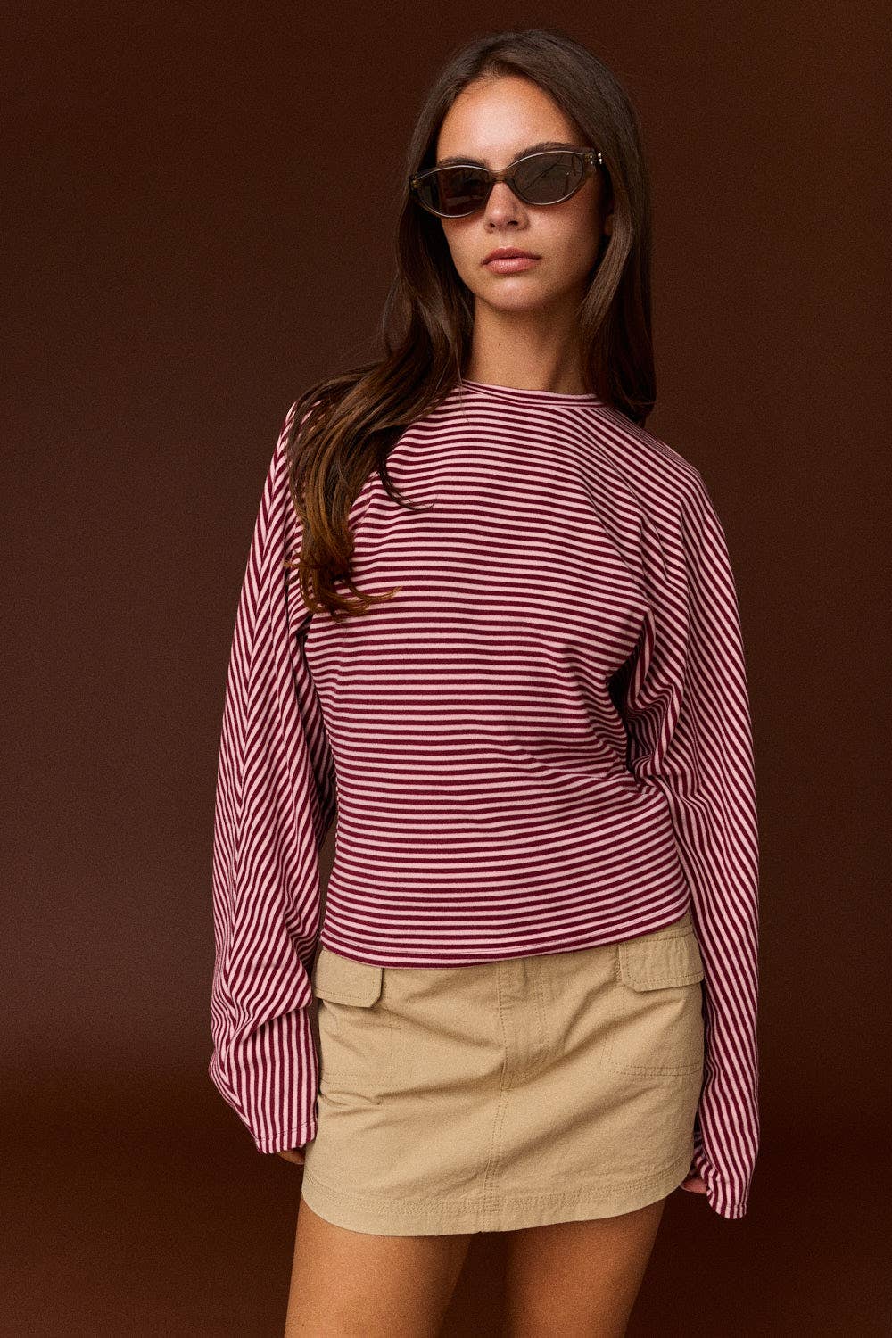 PT20107 - Slouchy relaxed fit striped long sleeves Top: BURGUNDY STRIPE / S-M-L (2-2-2)