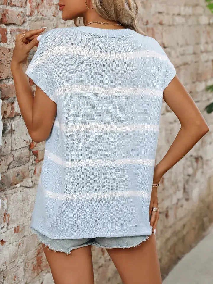 Striped Crewneck Sweater Thick Knit Casual Blouse: White