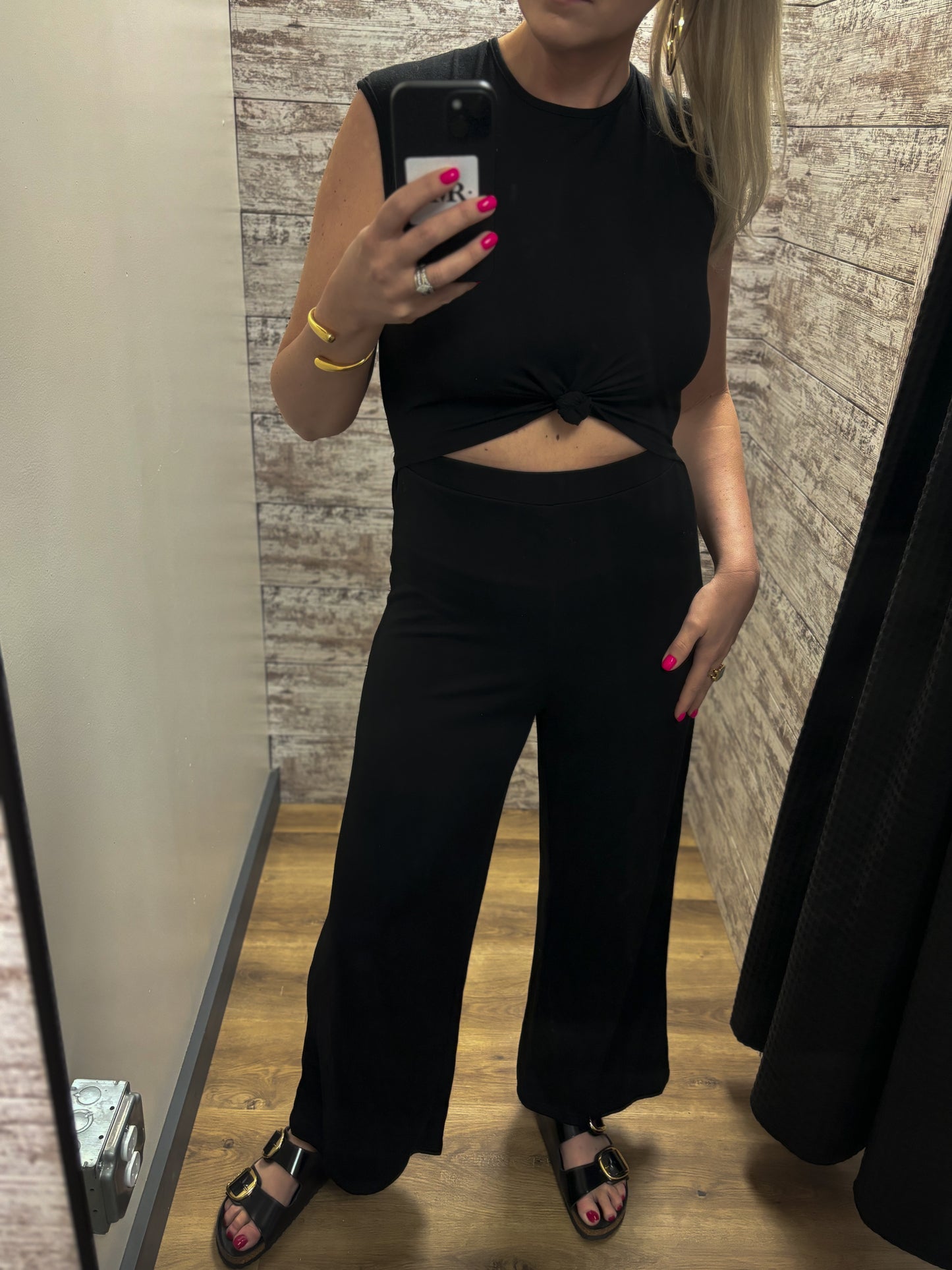 Twist Knot Wide Leg Round Neck One Piece Jumpsuit: Black