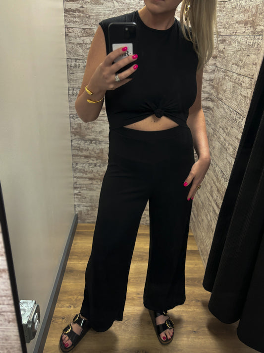 Twist Knot Wide Leg Round Neck One Piece Jumpsuit: Black