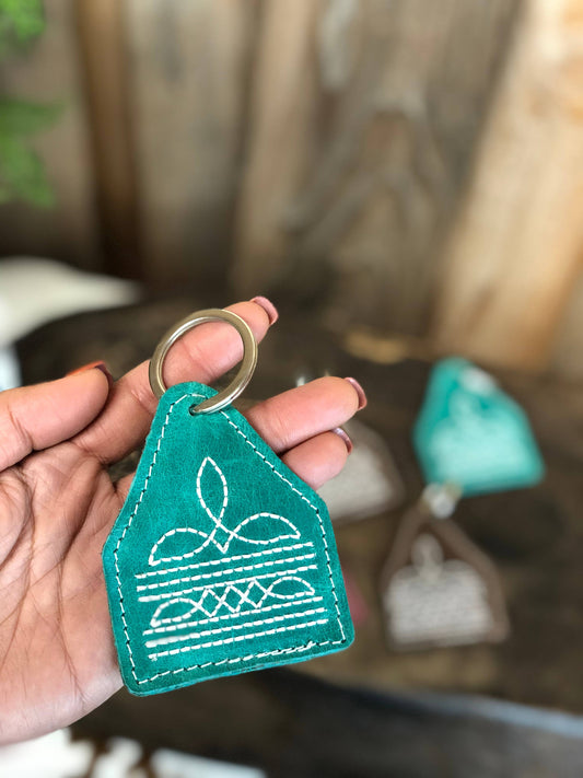 Turquoise Boot Stitch Leather Keychain   