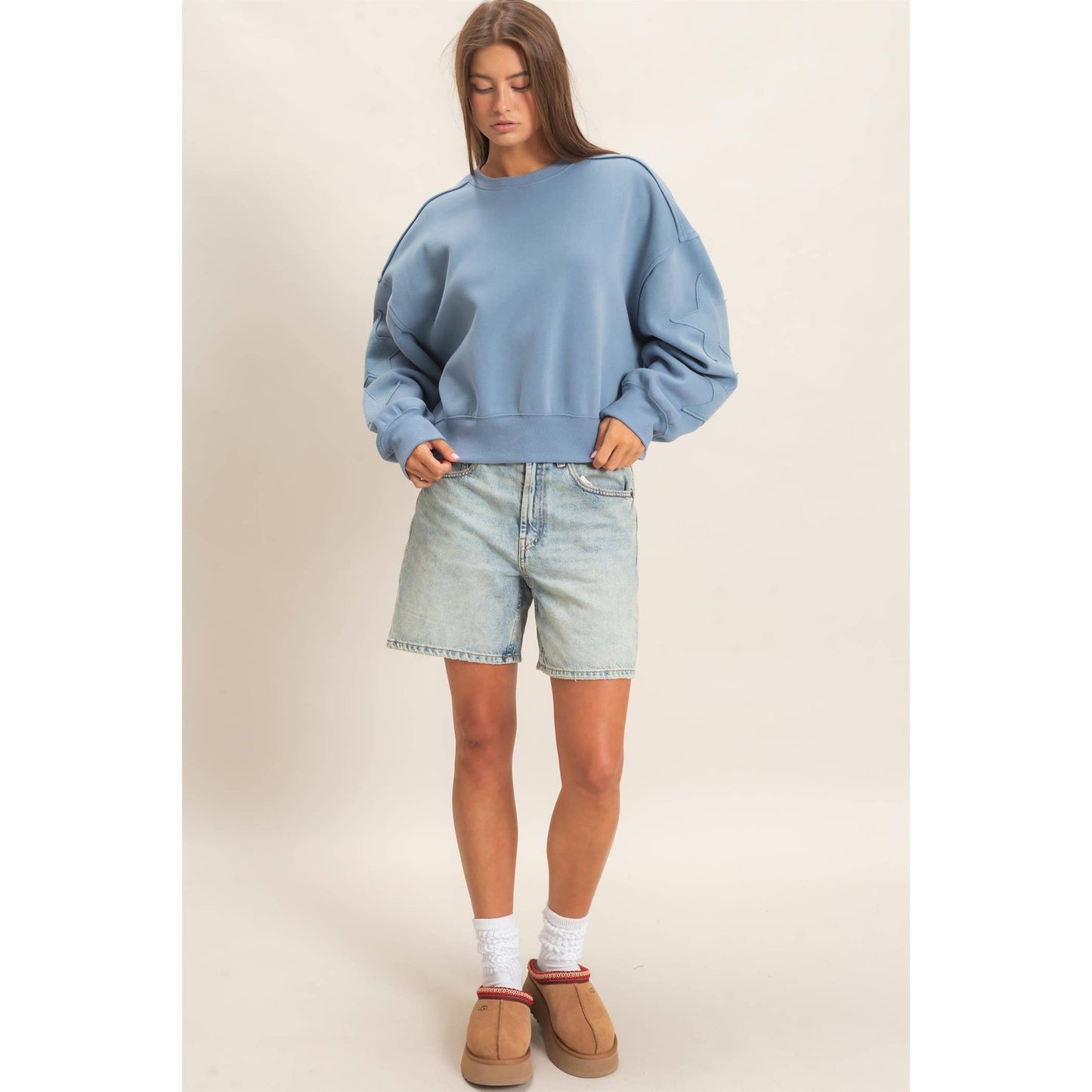 Star Patch Sleeve Sweatshirt: DUSTY BLUE