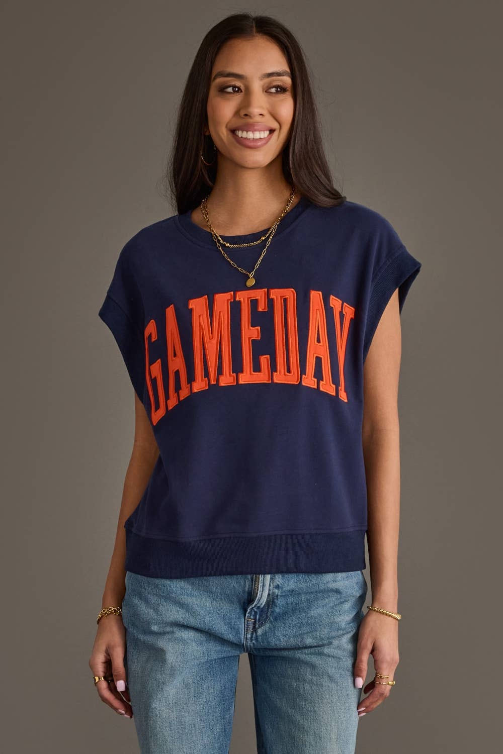 Navy & Orange Game Day Short Sleeve Sweatshirt
