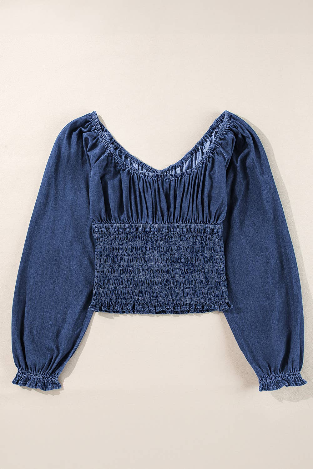 Ruffled Puff Sleeve V Neck Denim Blouse: Dark Blue