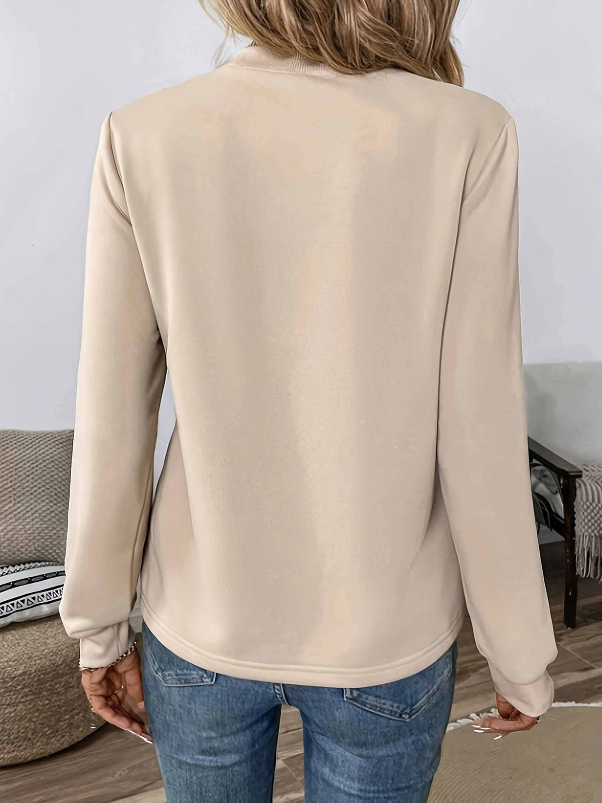 Leopard Striped Lace Up Round Neck Loose Top: Beige