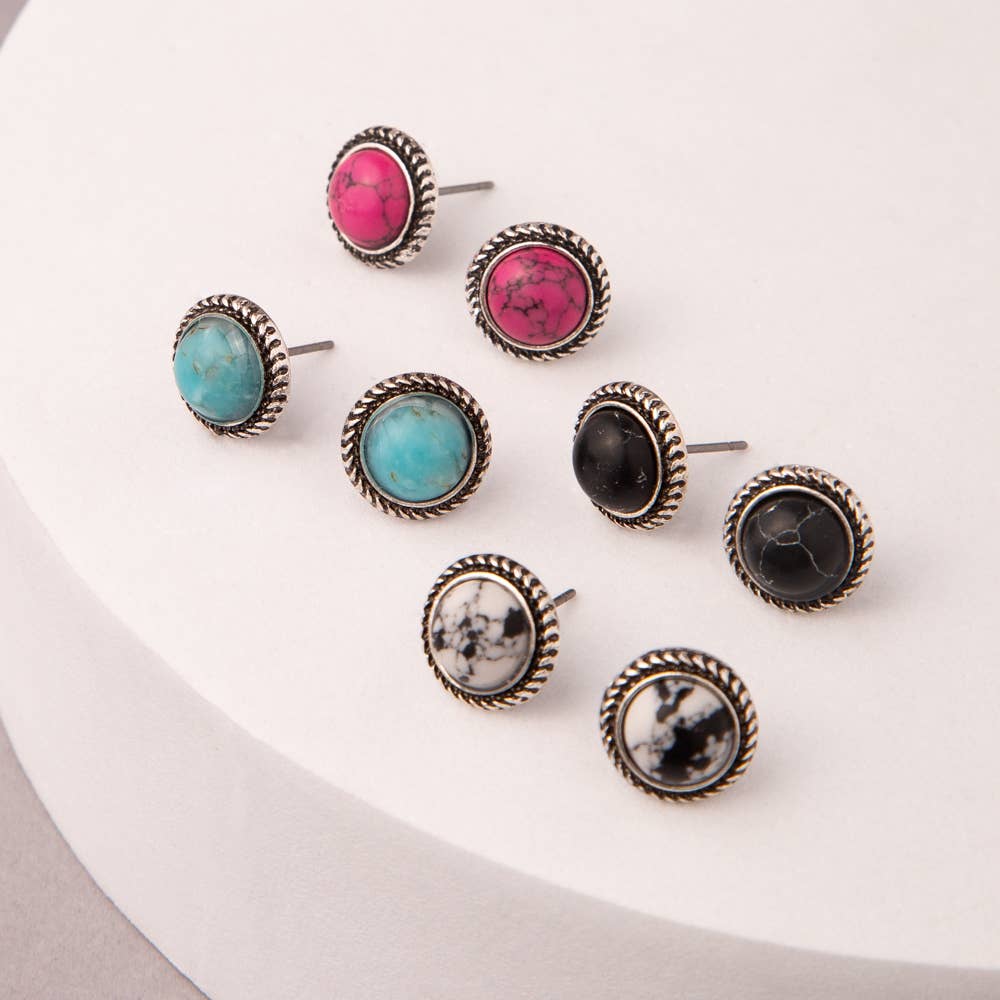 Western Button Post Earrings : White