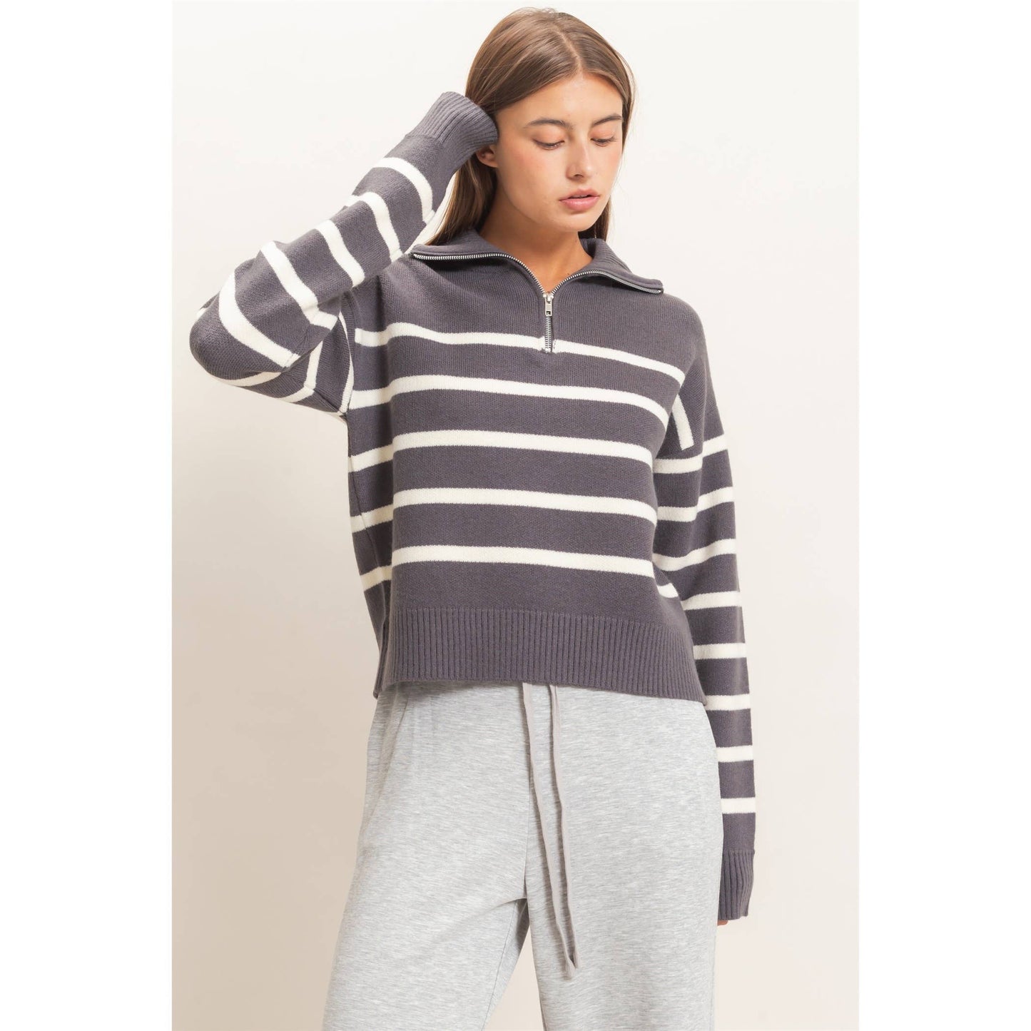 Half-Zip Collared Stripe Sweater: CHARCOAL