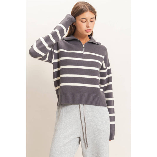 Half-Zip Collared Stripe Sweater: CHARCOAL