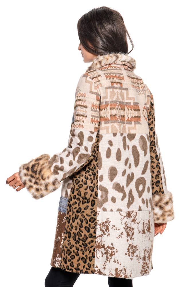 Mixed Media Faux Fur &amp; Denim Trim Coat