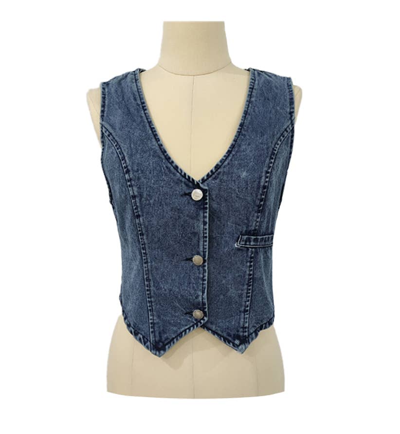 Hottie Sleeveless Single-Breasted V-Neck Denim Tank Top: Black