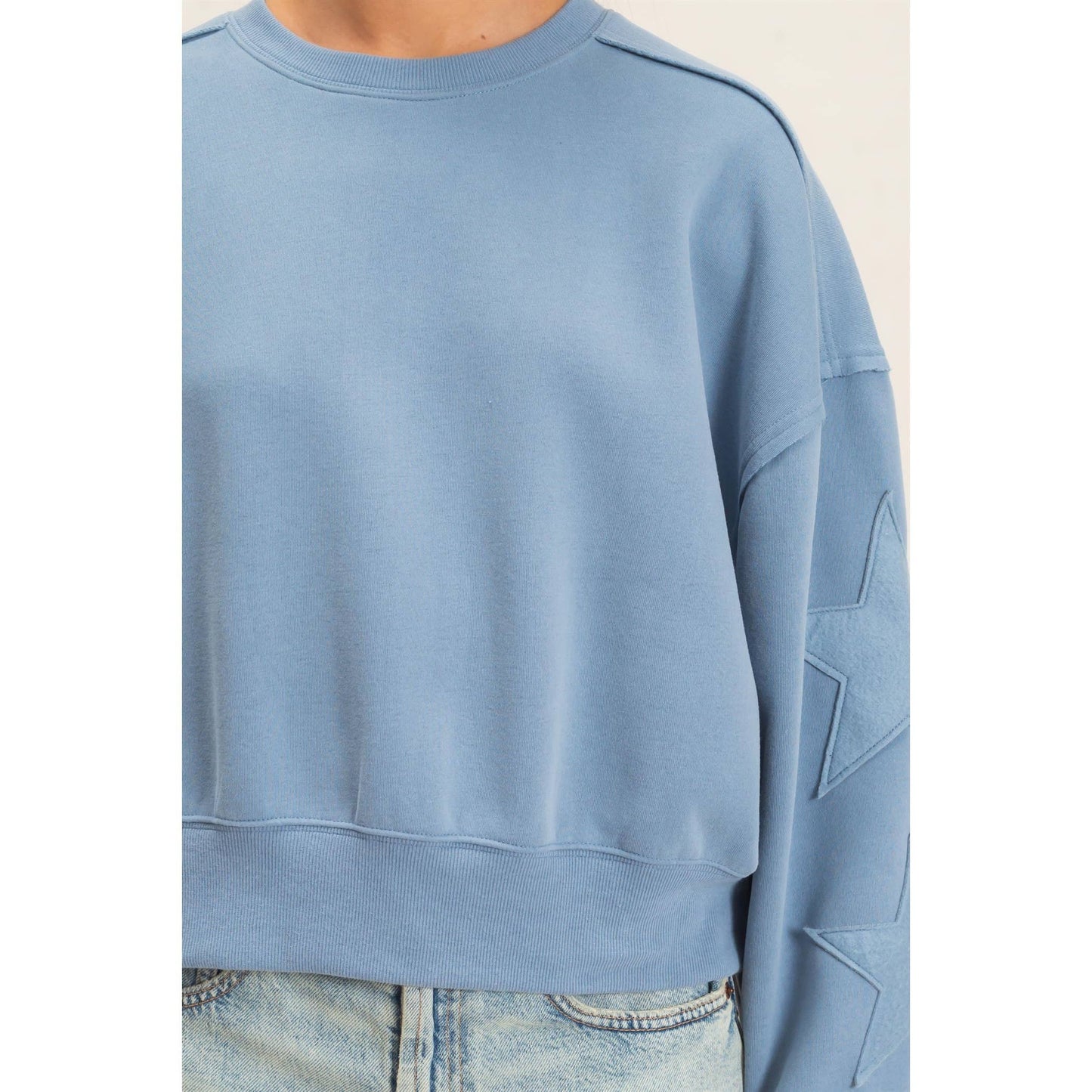 Star Patch Sleeve Sweatshirt: DUSTY BLUE