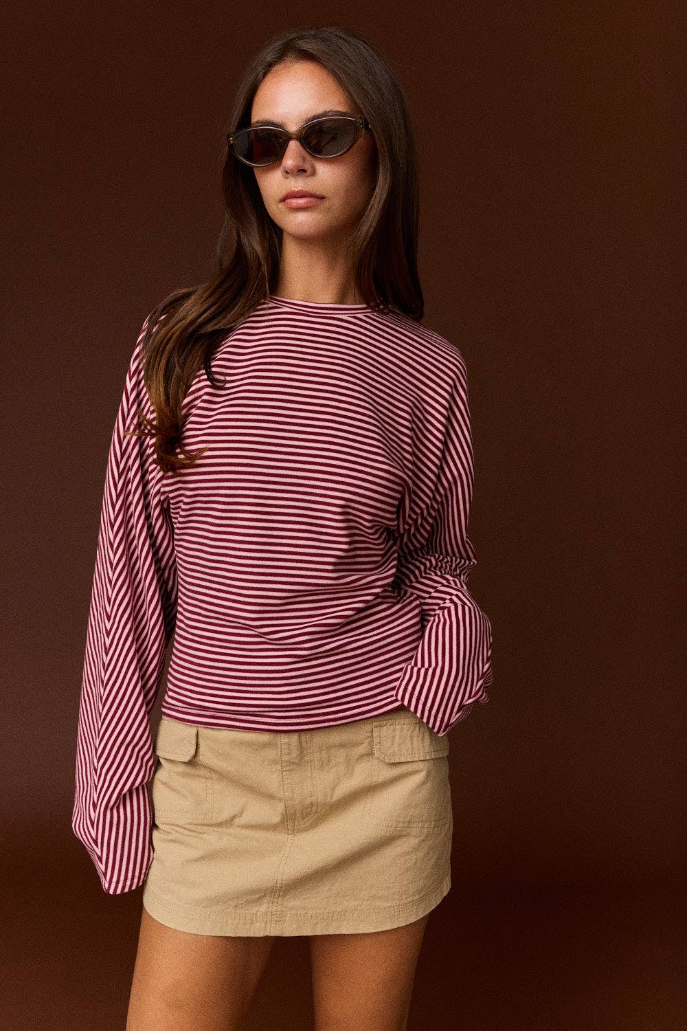 PT20107 - Slouchy relaxed fit striped long sleeves Top: BURGUNDY STRIPE / S-M-L (2-2-2)
