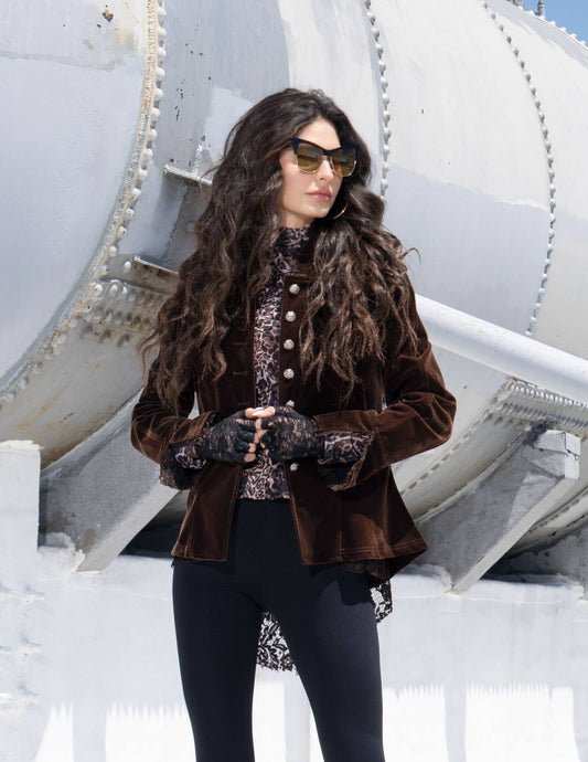 BROWN VELVET JACKET WITH LACE AND GROMENT TRIMMING