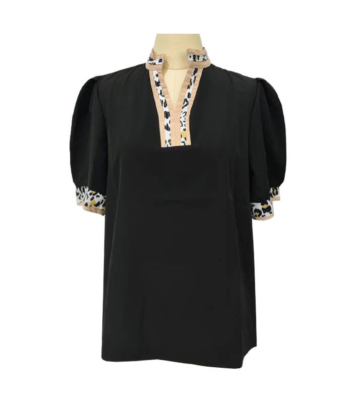 Black Notched Neck Leopard Print Trim Bubble Sleeve Top