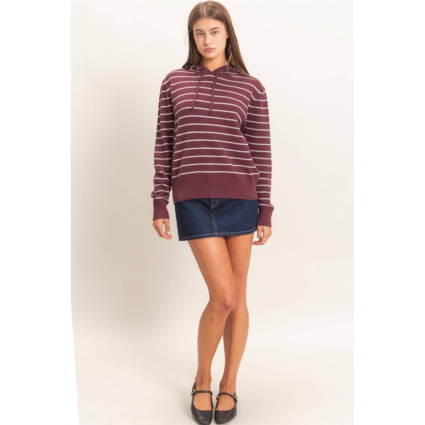 Striped Hooded Sweater: DARK CHERRY