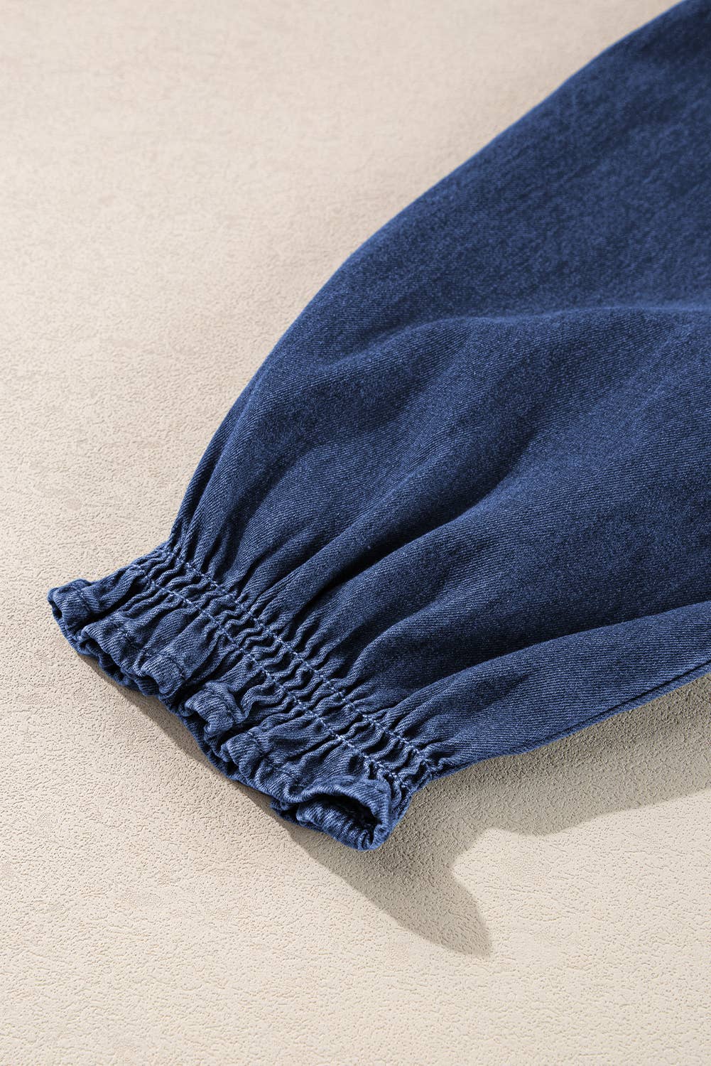 Ruffled Puff Sleeve V Neck Denim Blouse: Dark Blue