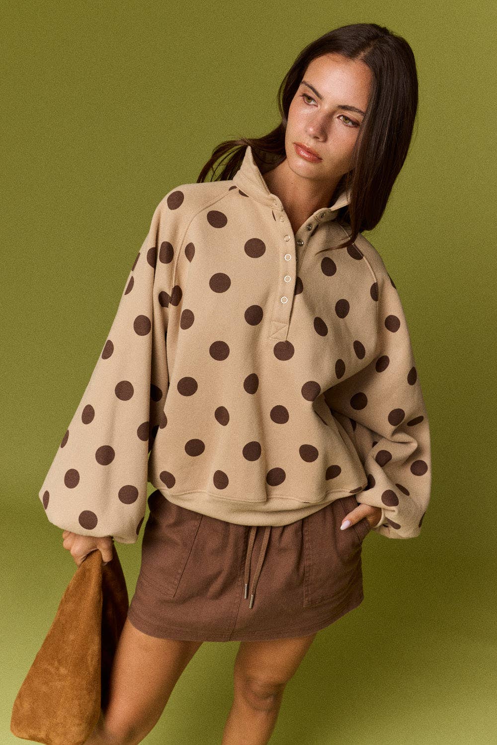 Collar Half-Snap Button  Polka Dot Sweatshirt: WHITE/BROWN DOT