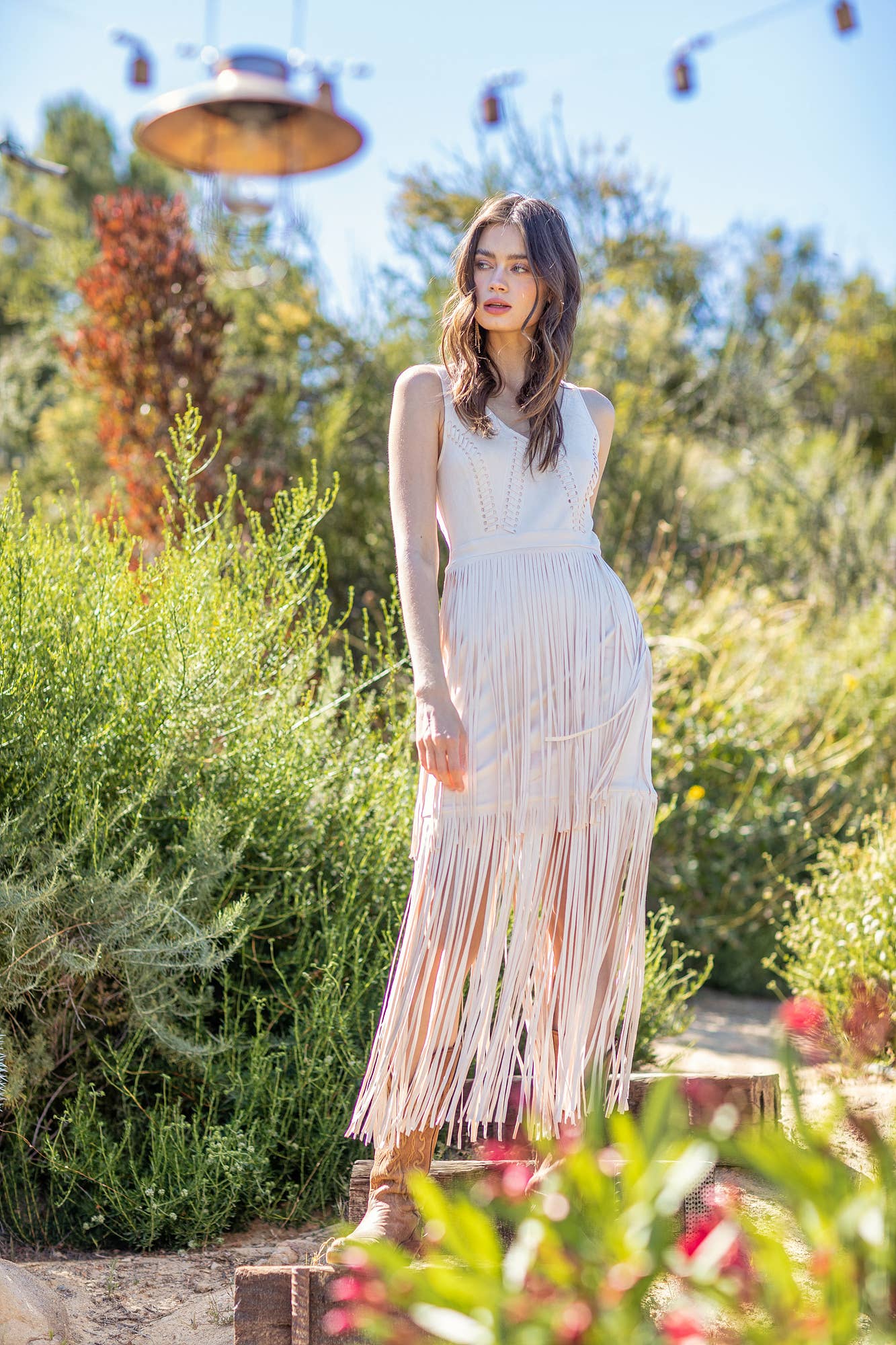 SOUTHERN FRINGE SUEDE DRESS: CAMEL / L