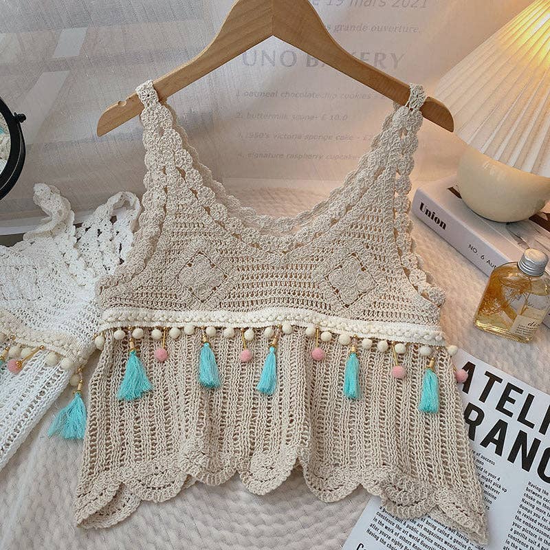 Vintage Fringe Hollow-Out Sleeveless Knit Vest: WHITE / AVERAGE