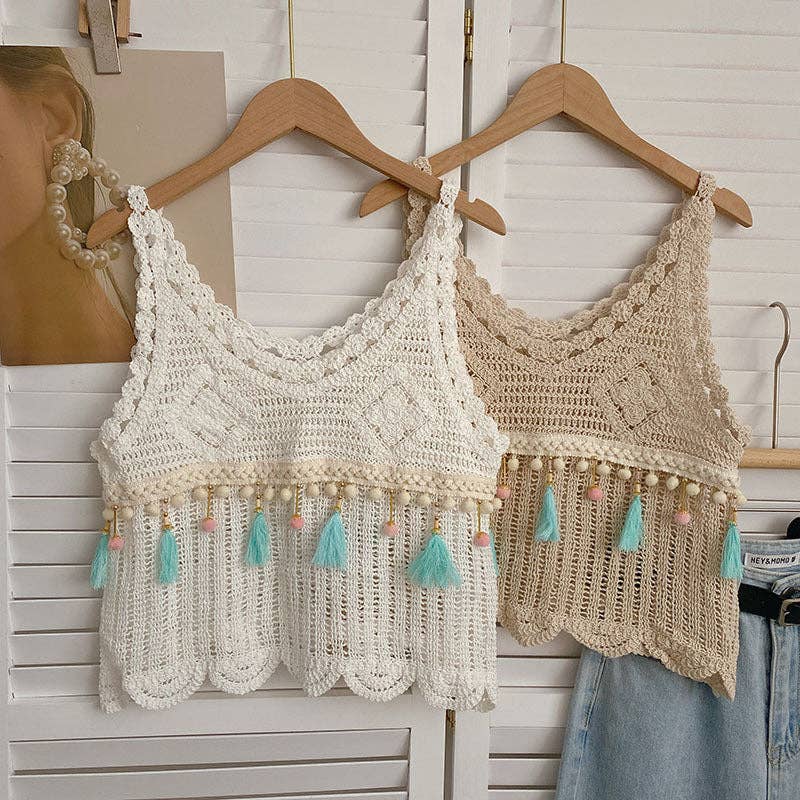 Vintage Fringe Hollow-Out Sleeveless Knit Vest: BEIGE / AVERAGE