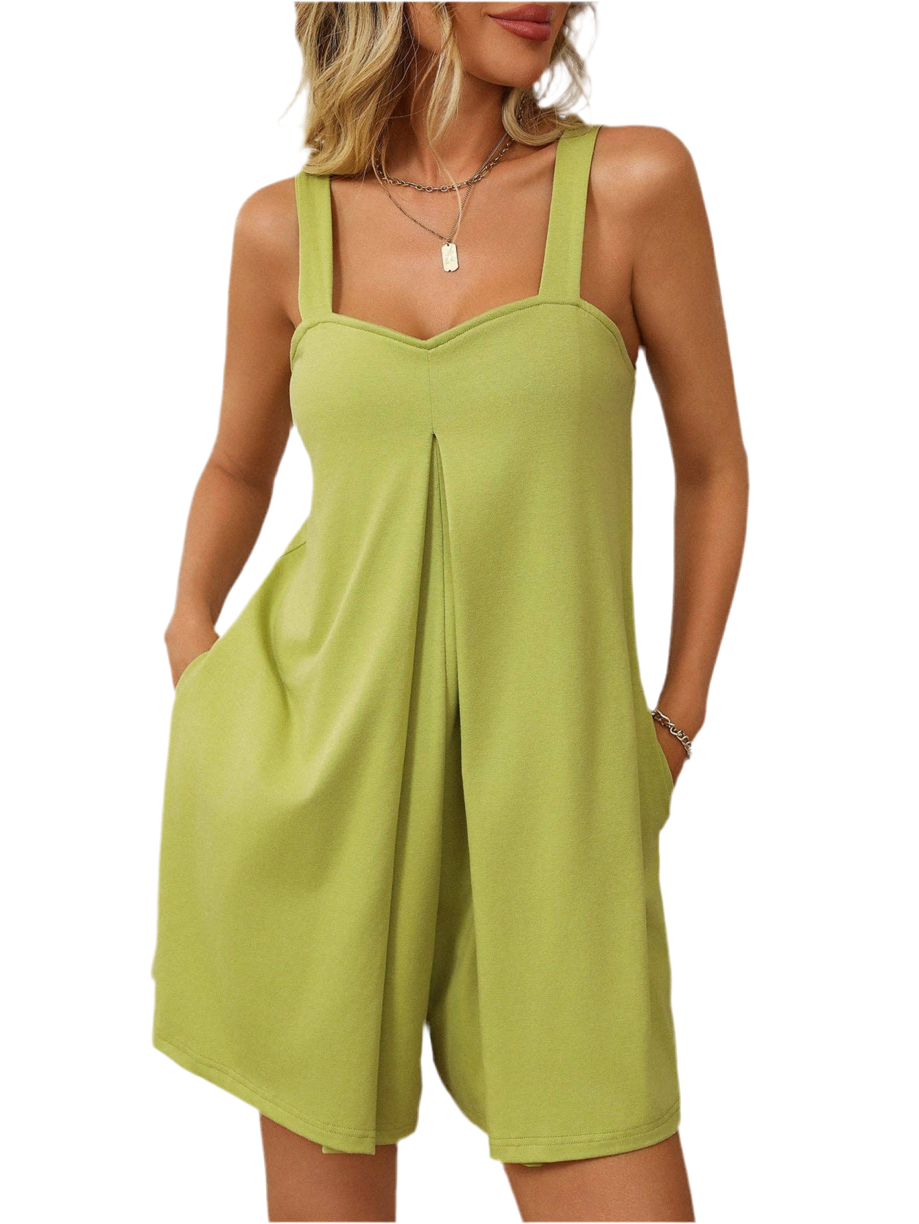 Loose Cowl Short Jumpsuit: Mustard Green