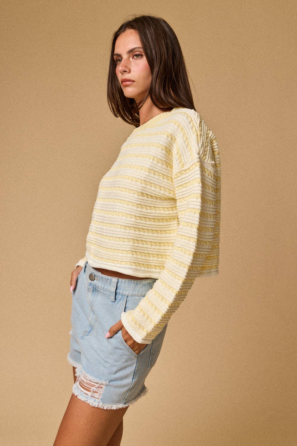 PT19289 - Textured Stripe Cropped Knit Top: YELLOW /