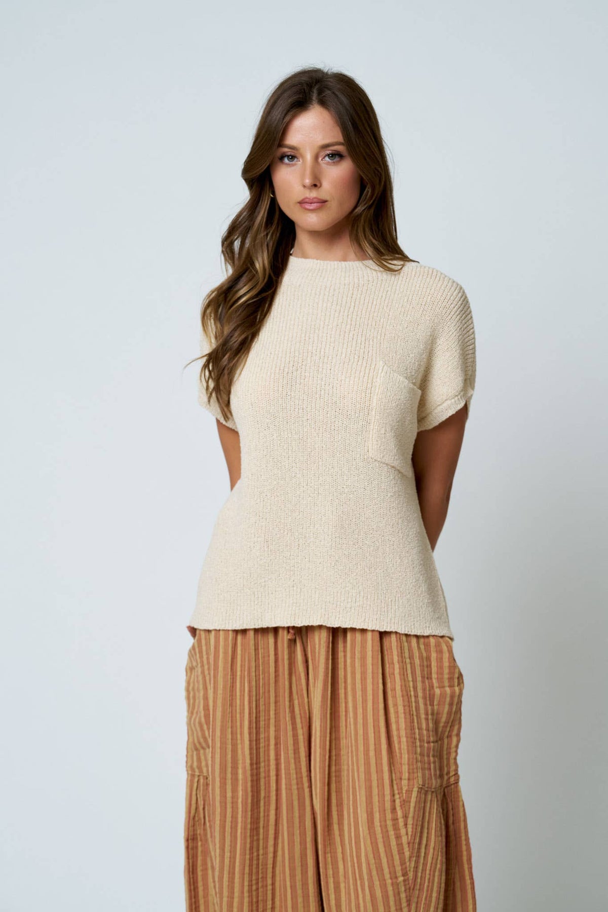 POCKET DETAIL DROP SHOULDER SHORT SLEEVE SWEATER : OATMEAL