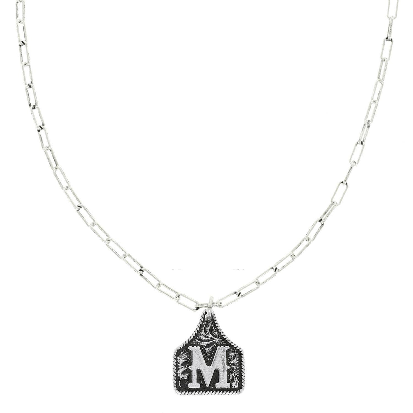 Western Letter Initial Etched Cattle Tag Pendant Necklace