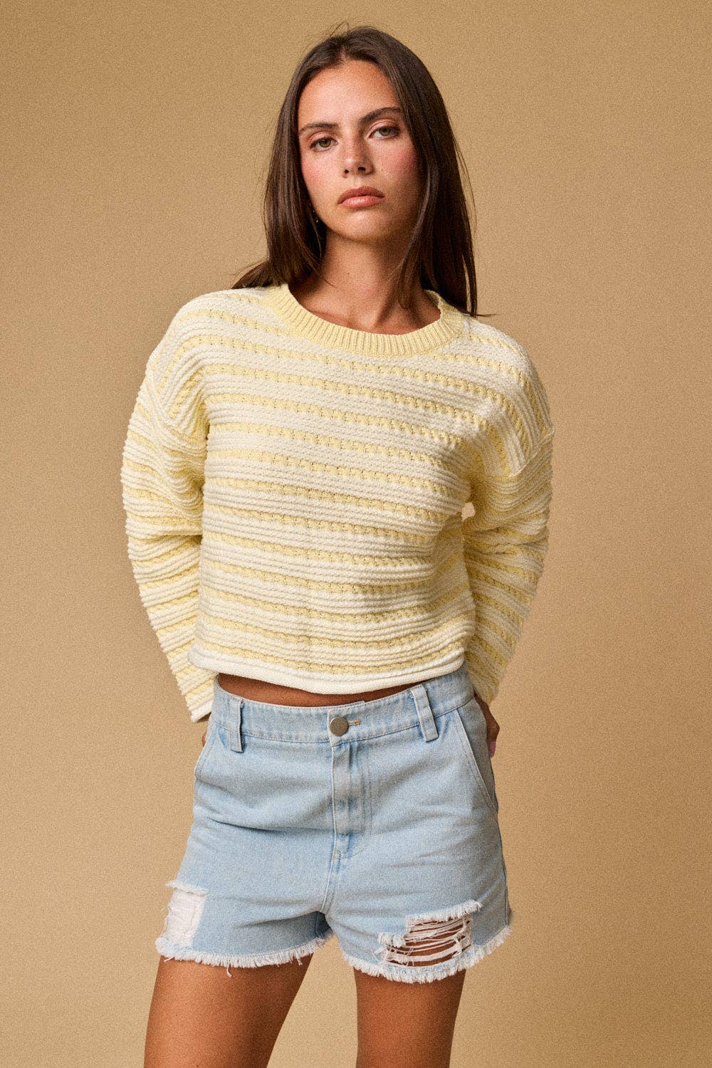 PT19289 - Textured Stripe Cropped Knit Top: YELLOW /